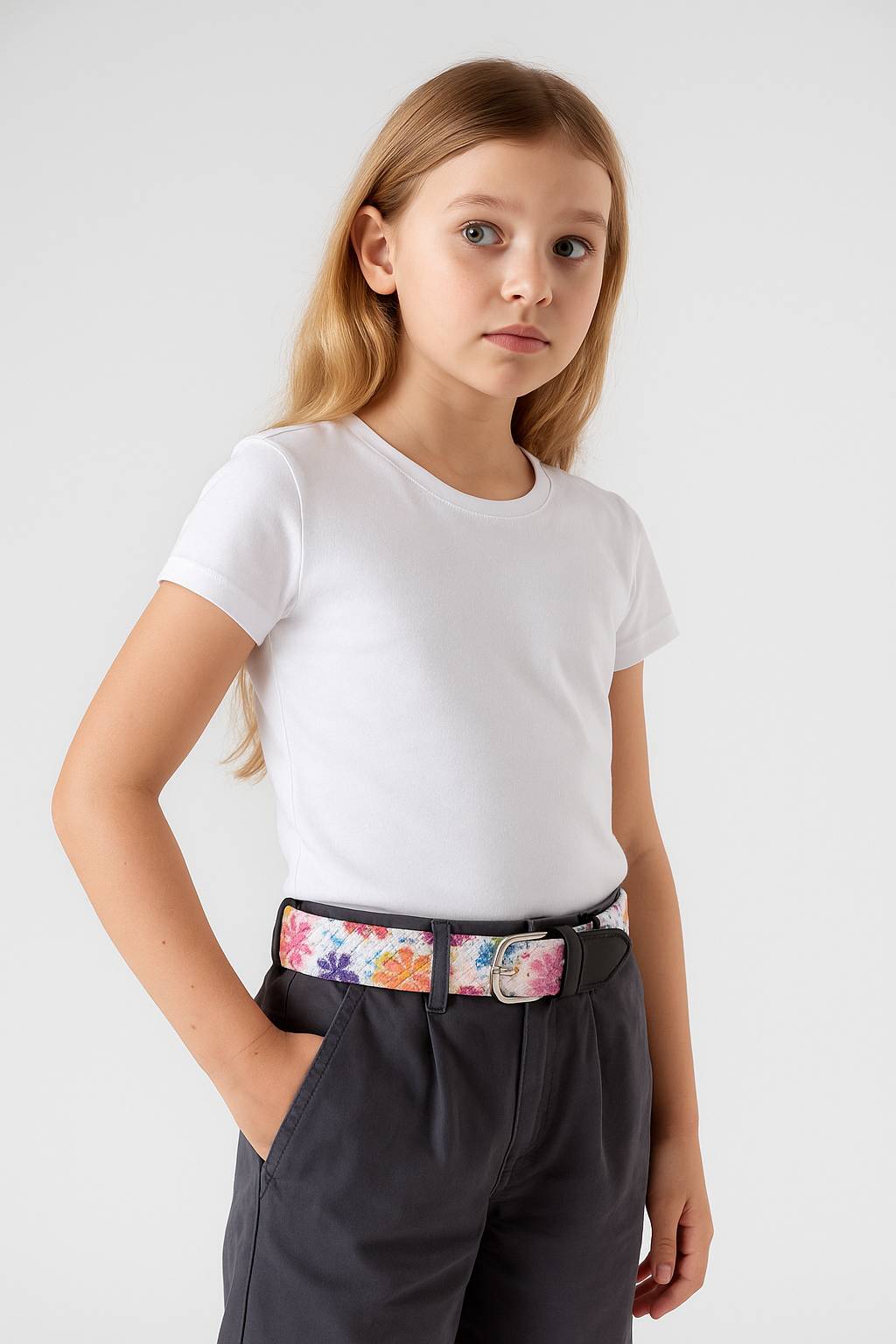 Elastic Knitted Kids Belt Floral Pink