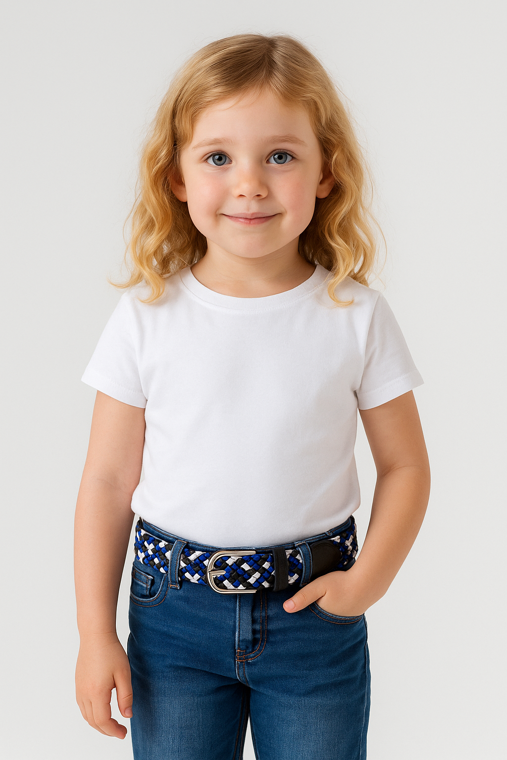 Elastischer Strick-Kindergürtel Blau-Weiß-Sax