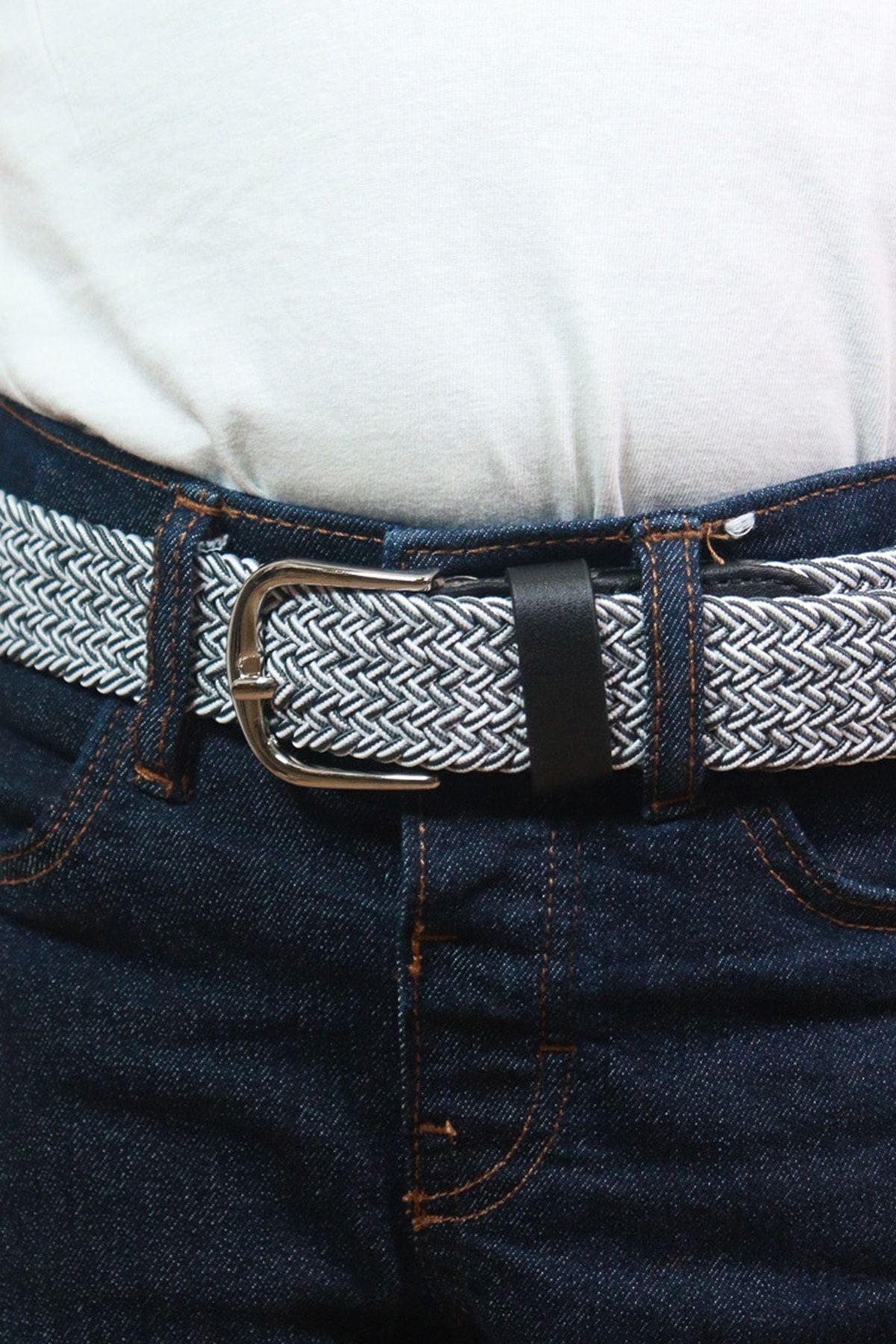 Elastischer Strickgürtel für Kinder Grau-Weiß
